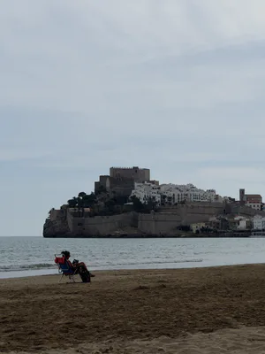 Osoba siedząca na plaży, z skalistą wyspą i jasnym niebem w tle.
